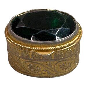 Antique Miniature Trinket Large Emerald Green Goldtone Filigree Ring Jewelry Box